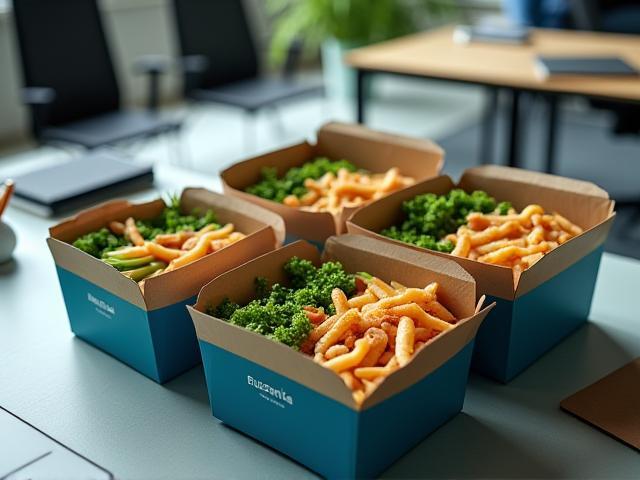 Corporate office lunch delivery boxes with fresh meals